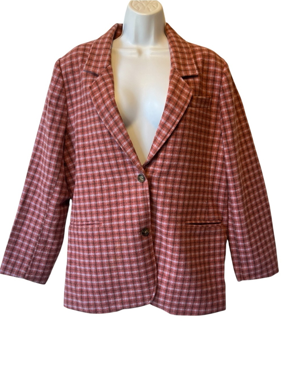 Sundance boxy blazer jacket M The Lisa Pink salmon Plaid Wool blend Womens